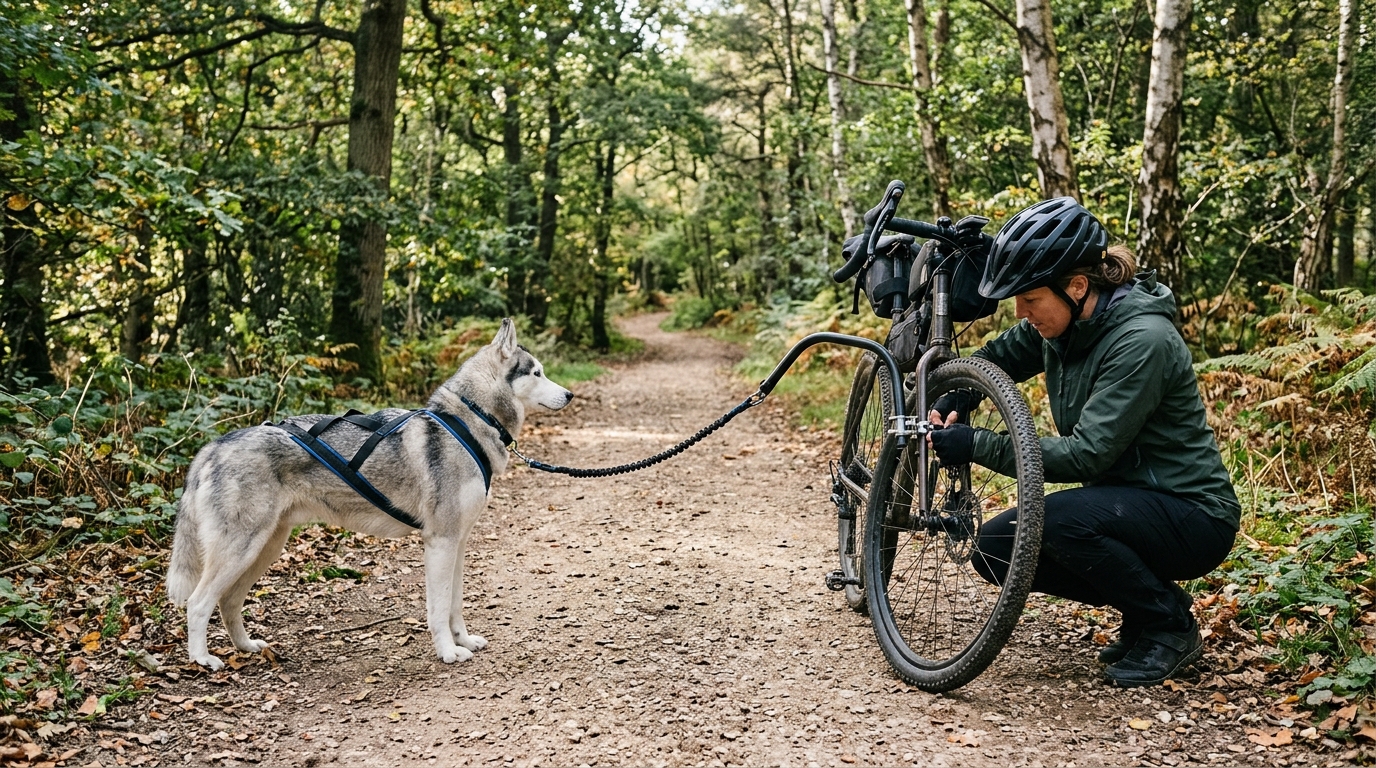 A husky in a pulling harness waits on a forest track while its rider checks the line attached to the front of the bike
