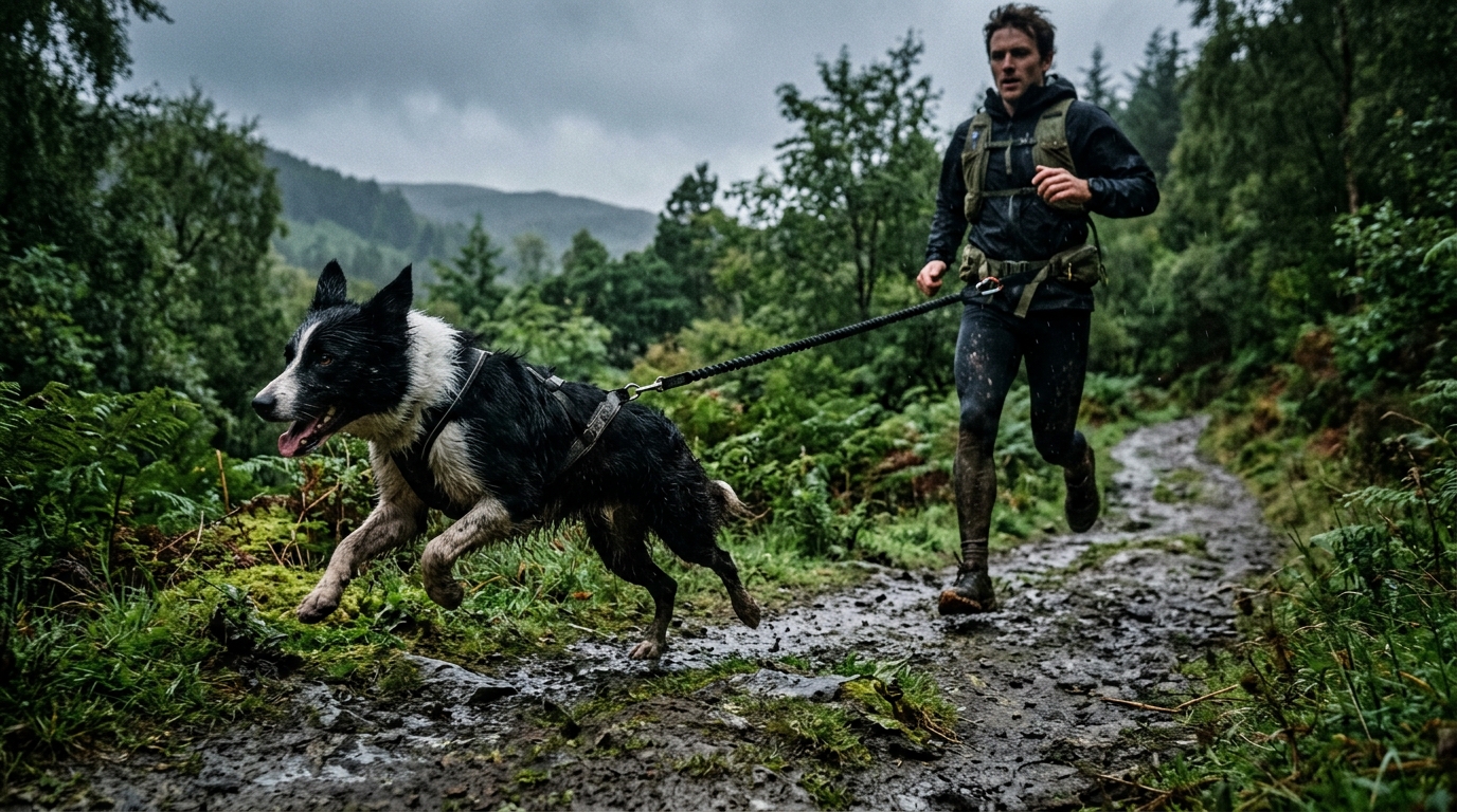 A collie in a canicross harness pulling a runner along a muddy woodland trail